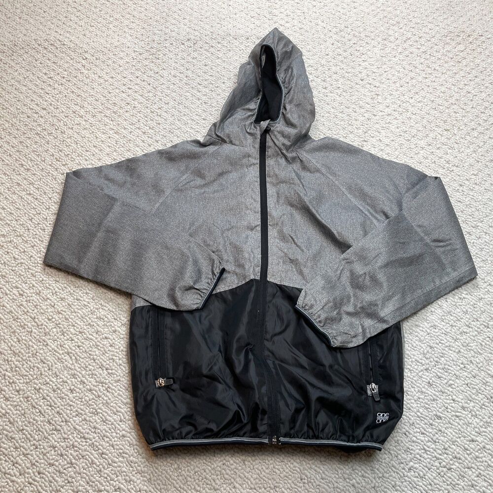One Point One Windbreaker Jacket Mens Small Gray Hooded Full Zip Pockets Light
